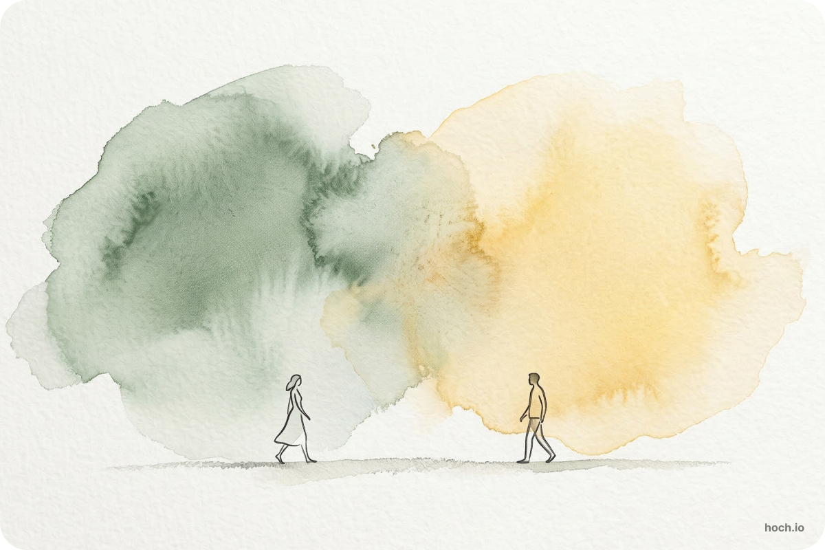 세대차이와 소통 단절로 인한 직장 내 갈등을 표현한 수채화 이미지